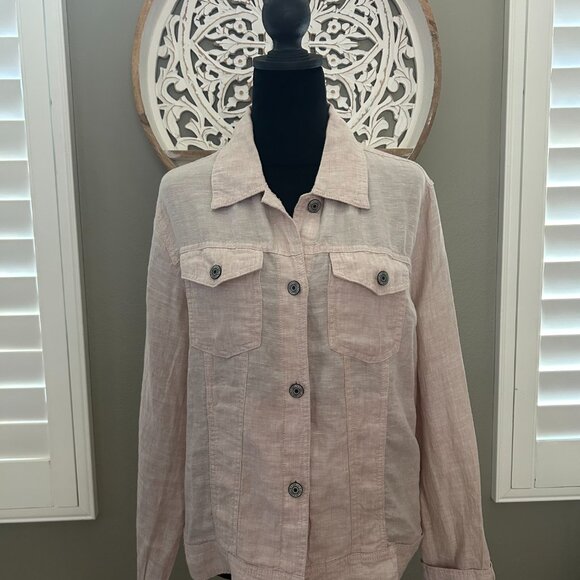 JNY Jone New York Jacket 100% Linen Pink Cropped Trucker SZL Lightweight Boho - Picture 1 of 8